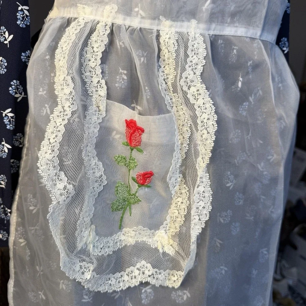 Vintage Cottagecore Apron Set Crochet Lace Embroidered Rose Sheer Hostess